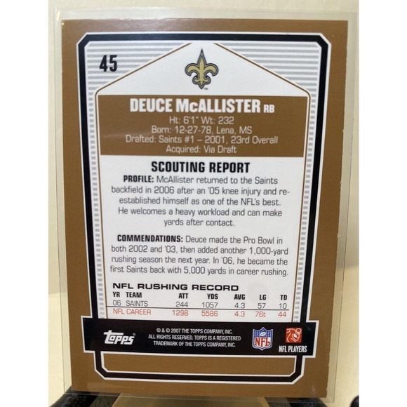 Deuce McAllister 2007 Topps Draft Picks Prospects‎ DPP New Orleans Saints #45 - Picture 2 of 2